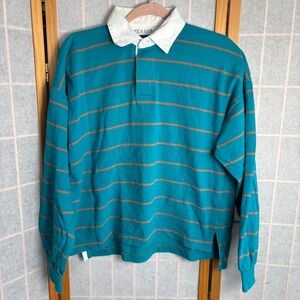 Studio Vintage Mens Large Teal Striped Long Sleeve Rugby Polo Shirt Hong Kong